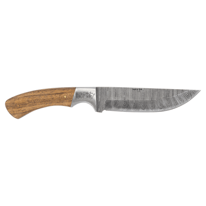 9 1/2" Fixed Blade Wood Knife with Damascus Steel Blade and Leather Sheath