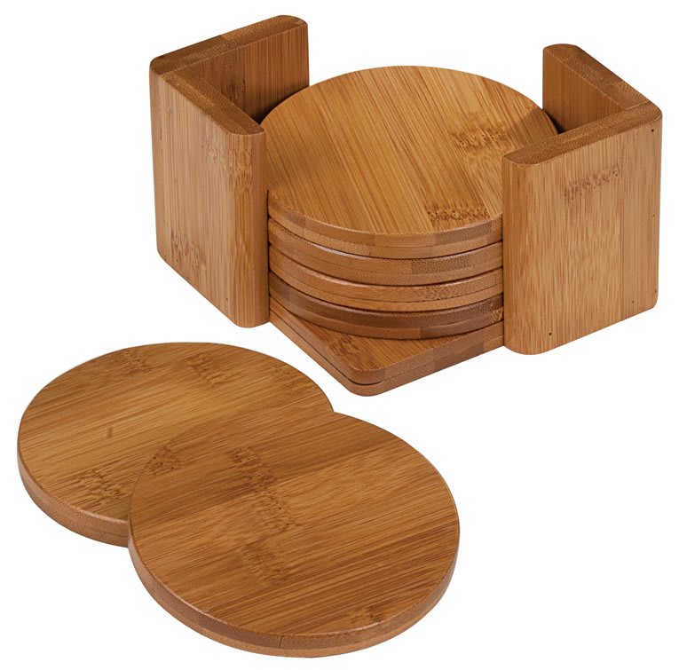 Bamboo Round 6-Coaster Set with Holder